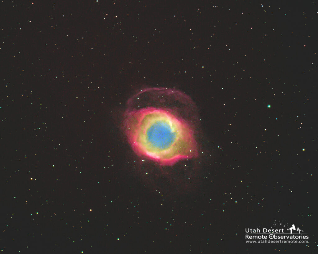 The Helix Nebula photographed with hydrogen, sulfur and oxygen filters and RGB stars from Utah Desert Remote Observatories.