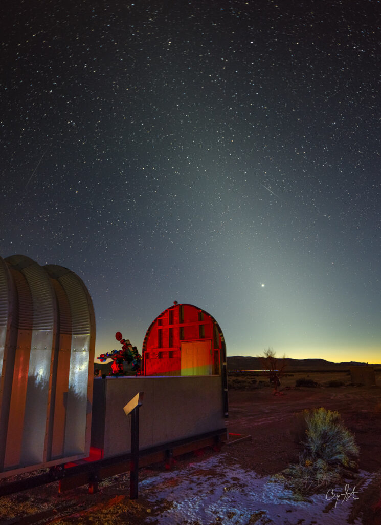 Small observatory at Utah Desert Remote Observatories open for the night with zodiacal light visible